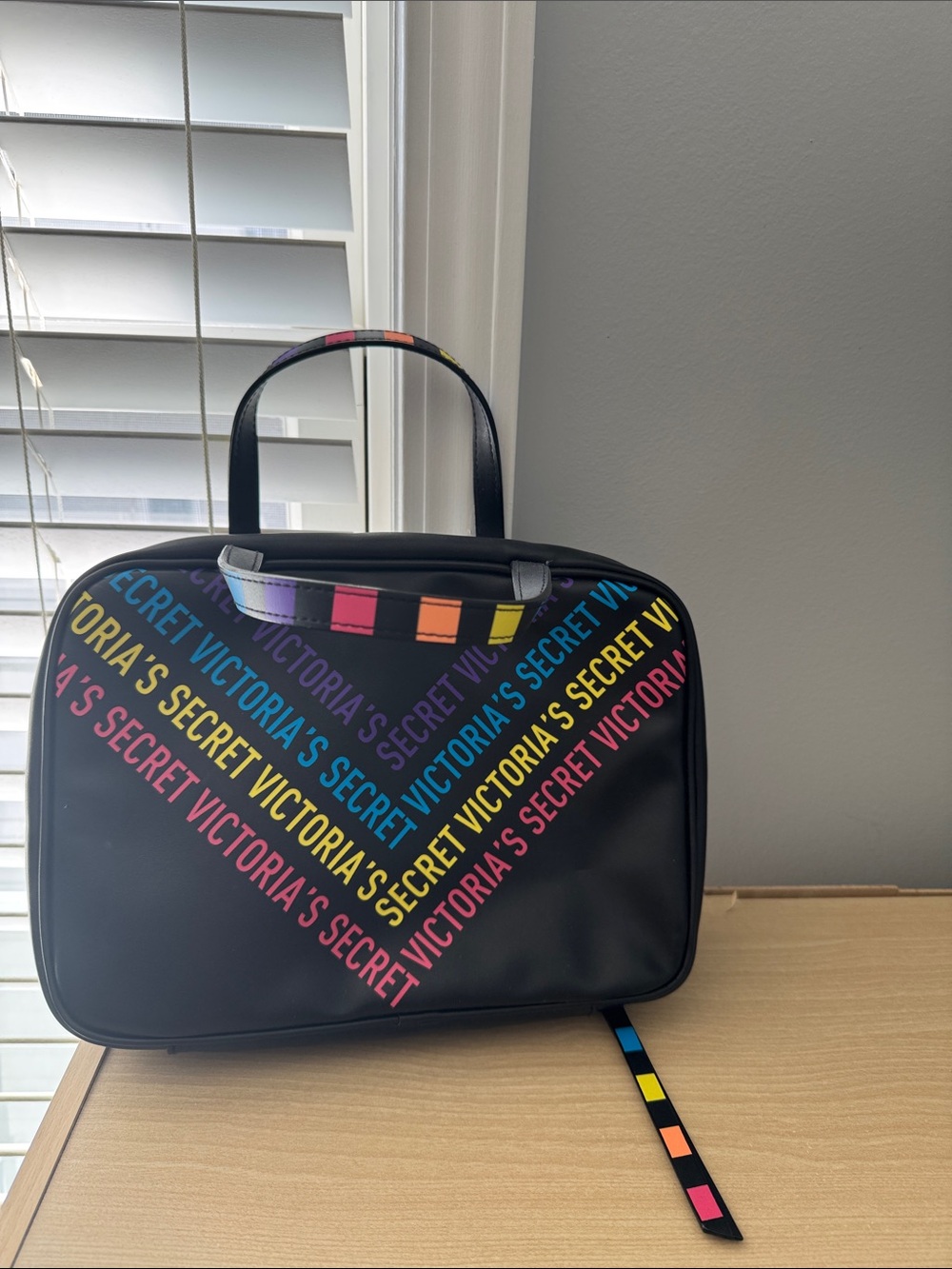 Victoria's Secret Black Cosmetic Case with Rainbow Logo Stripes